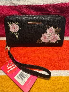 Rampage Black Wristlet Wallet with Pink Rose Embroidery Accent